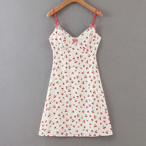 Floral Print Mini Dress - White with Red Accents - Picture 1 of 4